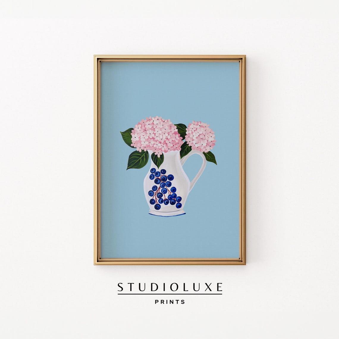 Pink Hydrangeas in White Blueberry-Motif Pitcher Floral Art Print
