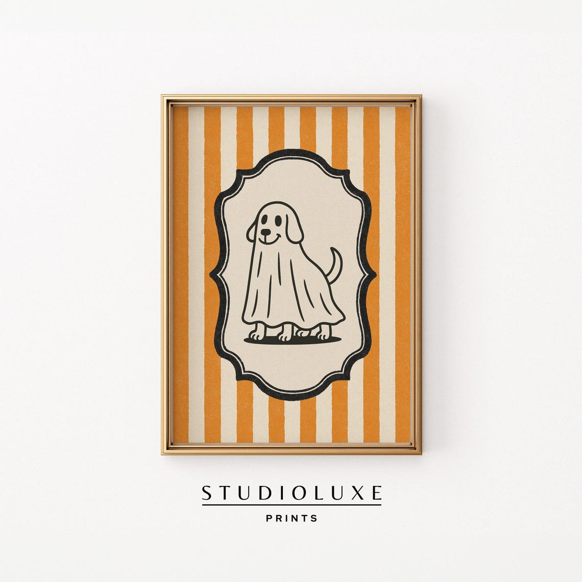 Adorable Dog Ghost Costume Halloween Orange Stripe Vintage Badge Poster
