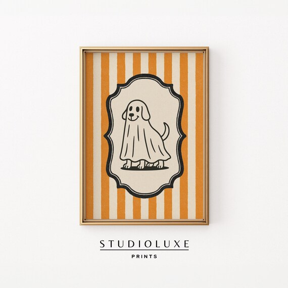 Adorable Dog Ghost Costume Halloween Orange Stripe Vintage Badge Poster