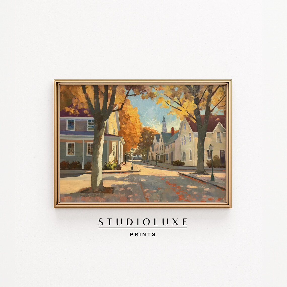 New England Coastal Town Street Poster, Fall Foliage Village Painting