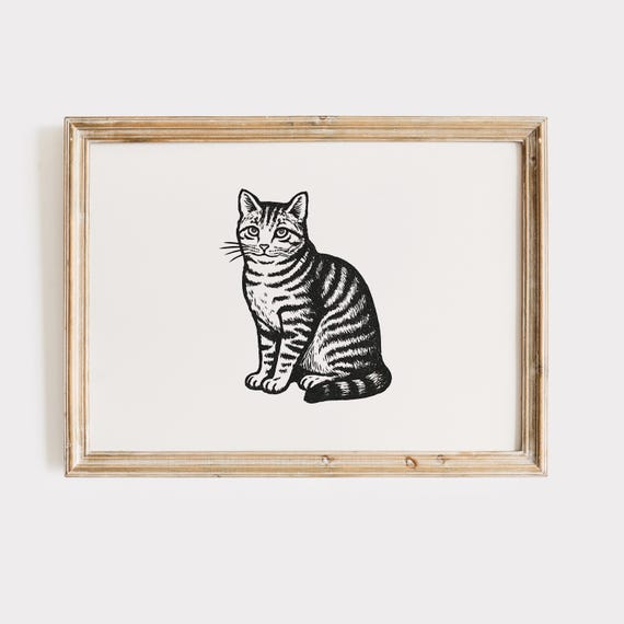 Vintage Tabby Cat Wall Art Black White Woodcut Style Illustration For Pet Lovers Farmhouse Decor Or Dorm Room
