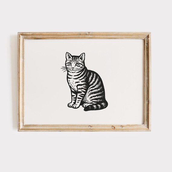 Vintage Tabby Cat Woodcut Black White Pet Lover Farmhouse Wall Art