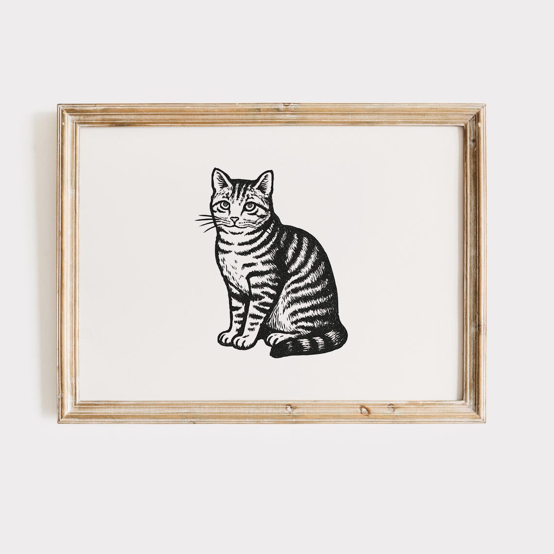 Vintage Tabby Cat Woodcut Black White Pet Lover Farmhouse Wall Art