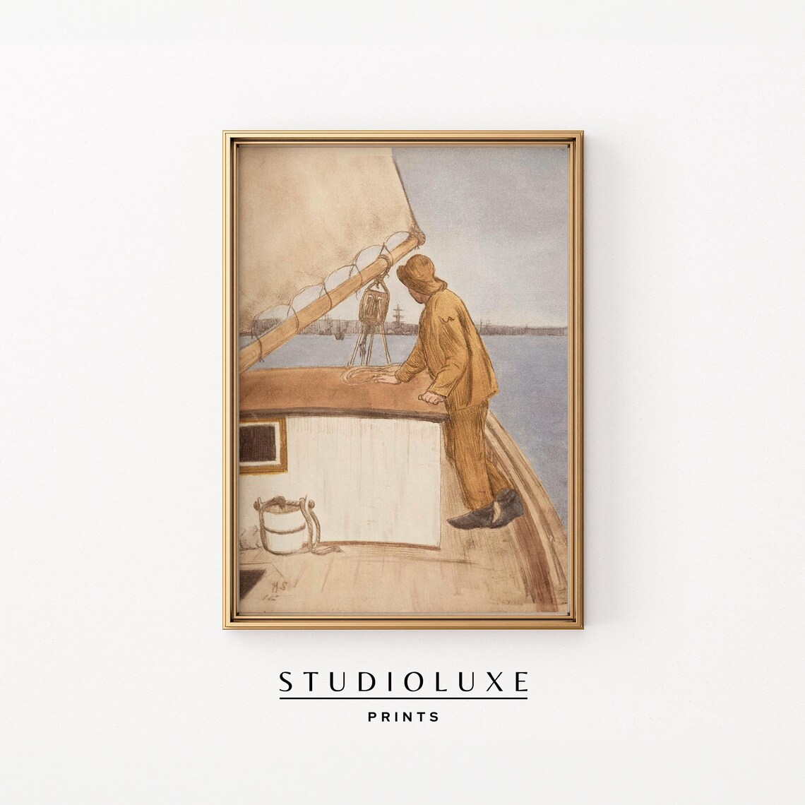 Vintage Sailor Sketch Poster Sepia Maritime Sailboat Deck Illustration