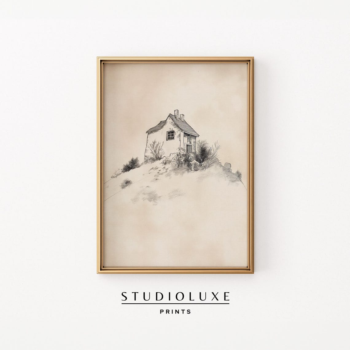 Tiny Stone Cottage with Chimneys on a Windswept Hill Sketch Poster