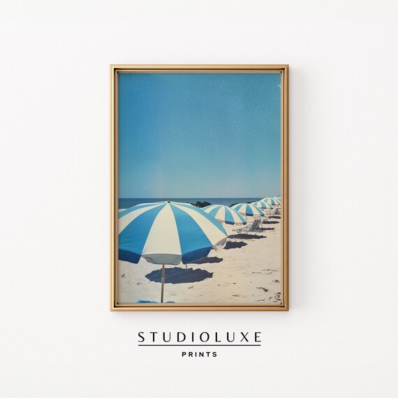 Vintage Beach Striped Umbrellas Summer Coastal Photo Wall Art