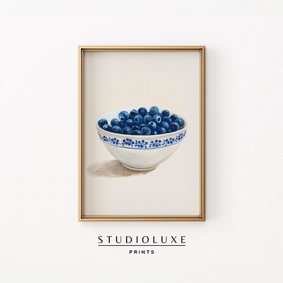Fresh Blueberries In Blue Floral Bowl Still Life Kitchen Fruit Art Poster