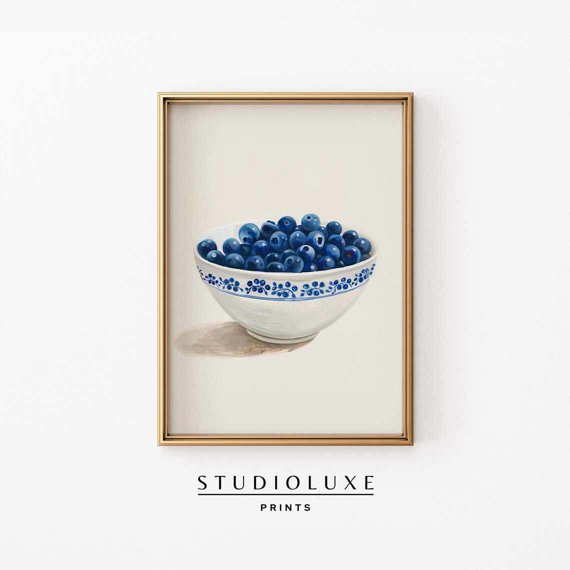 Fresh Blueberries In Blue Floral Bowl Still Life Kitchen Fruit Art Poster