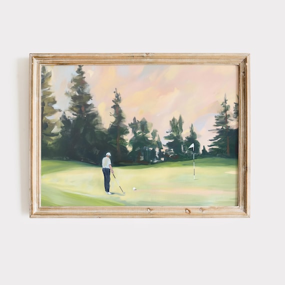 Golfer Putting at Sunset Among Pines Vintage Golf Painting Poster
