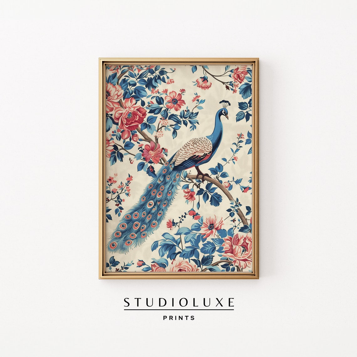 Peacock on a Blossoming Branch in Chinoiserie Floral Art Poster