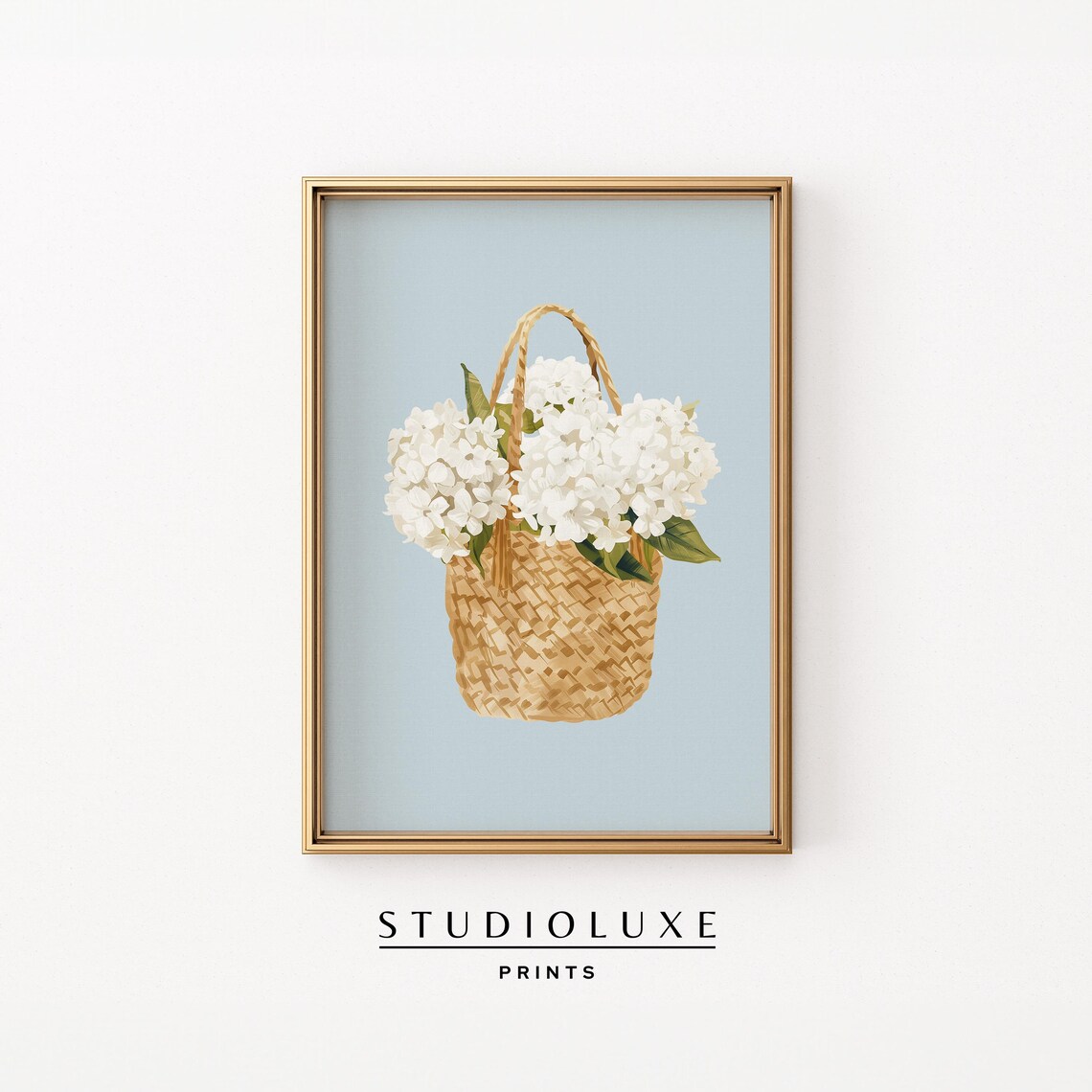 Hydrangea Basket Art Print, Coastal Kitchen Decor