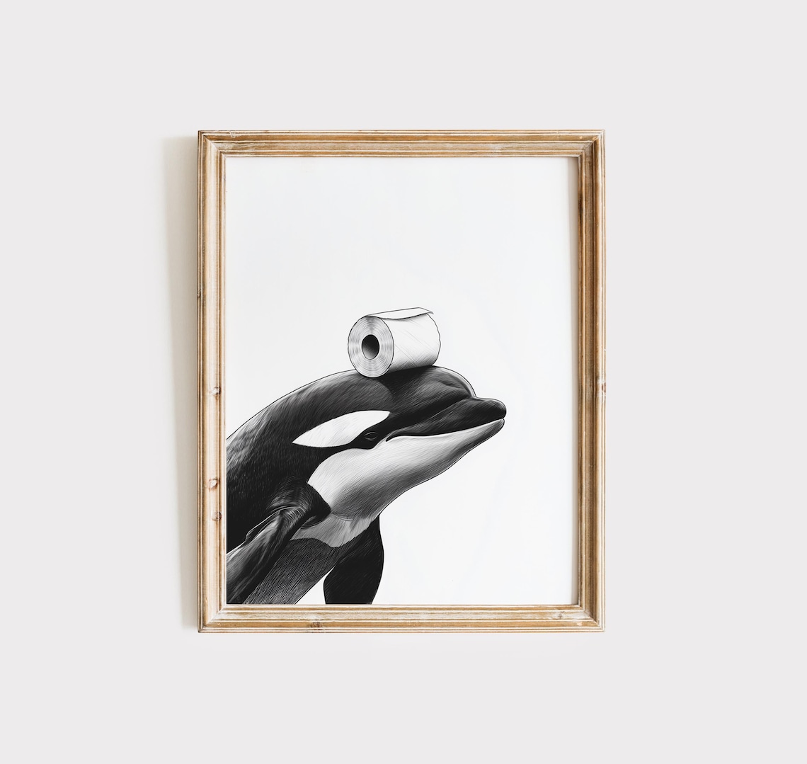 Orca Bathroom Wall Art Print, Black and White