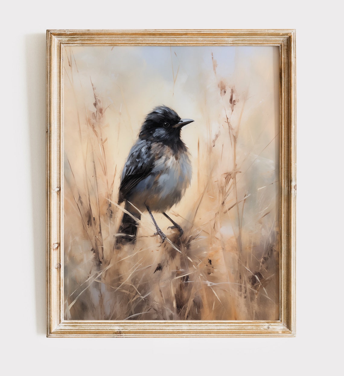 Black Headed Songbird Standing in Golden Wild Grass Meadow Poster