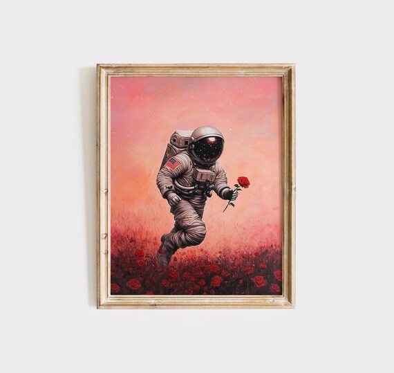 Astronaut Holding Red Rose In Field Of Roses Romantic Space Poster