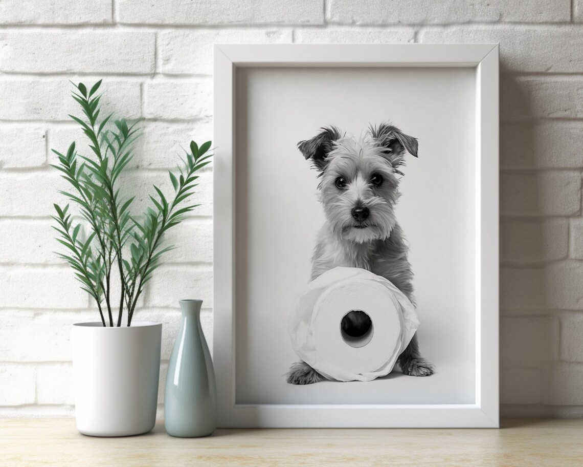 Cute Terrier Puppy With Toilet Paper Roll Funny Bathroom Poster - Image 3