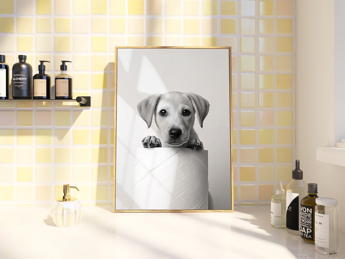 Lab Puppy Peeking Over Toilet Paper Roll Black White Cute Poster - Image 3