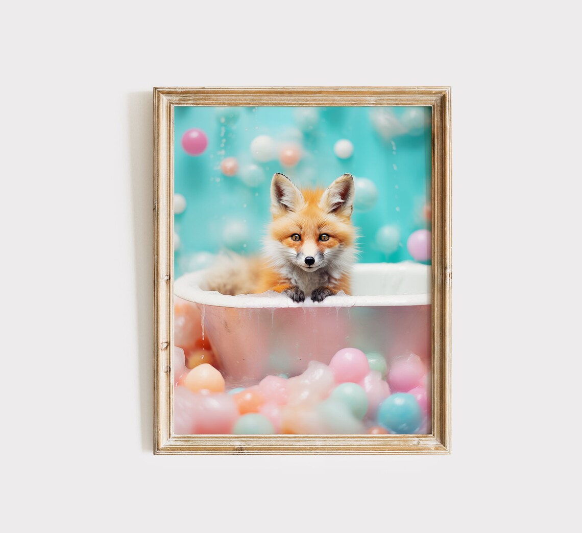Baby Fox In Bubble Bath Pastel Bubbles Cute Animal Nursery Wall Poster - Image 3