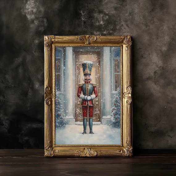 Vintage Nutcracker in Blue Uniform Standing in Snowy Doorway Poster