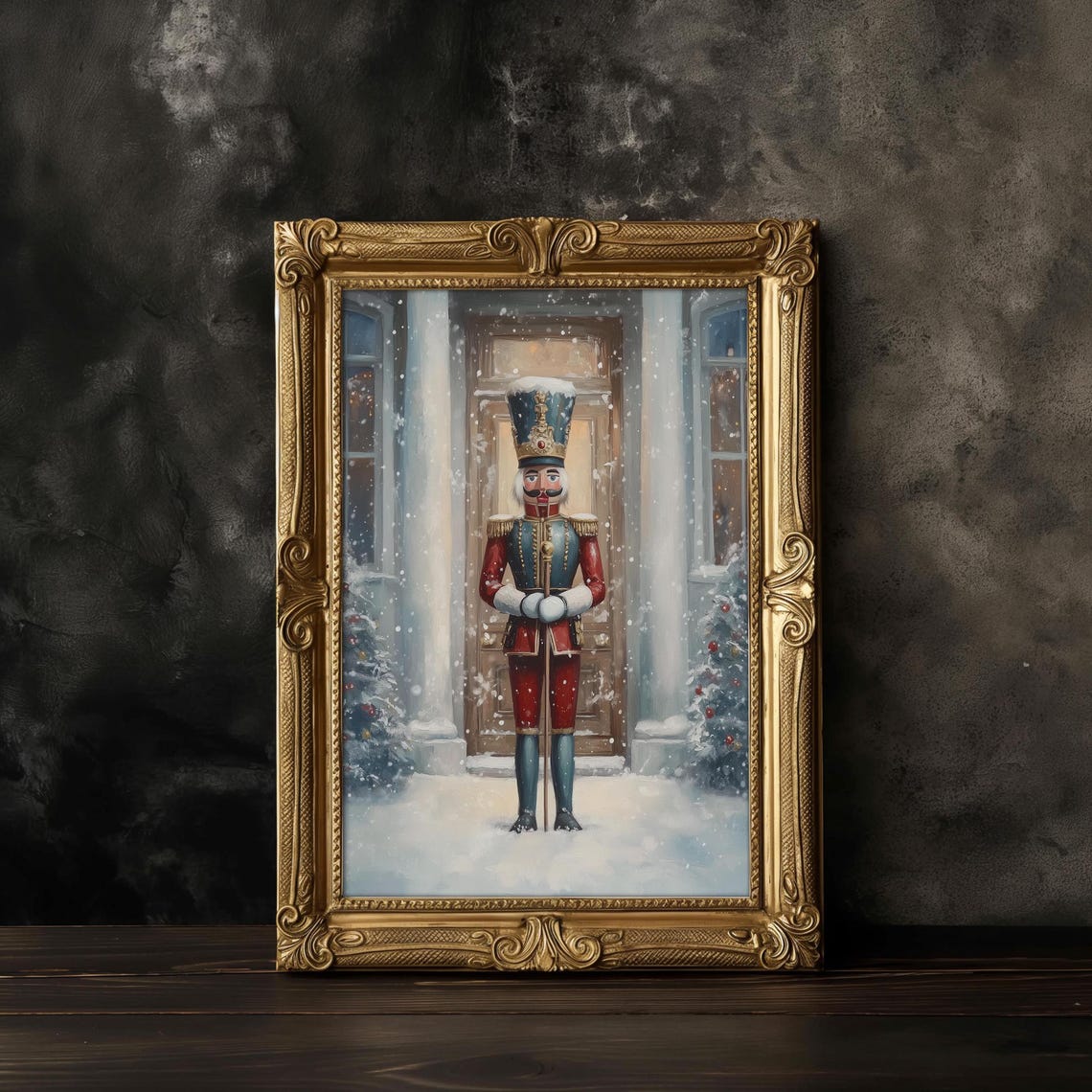 Vintage Nutcracker in Blue Uniform Standing in Snowy Doorway Poster