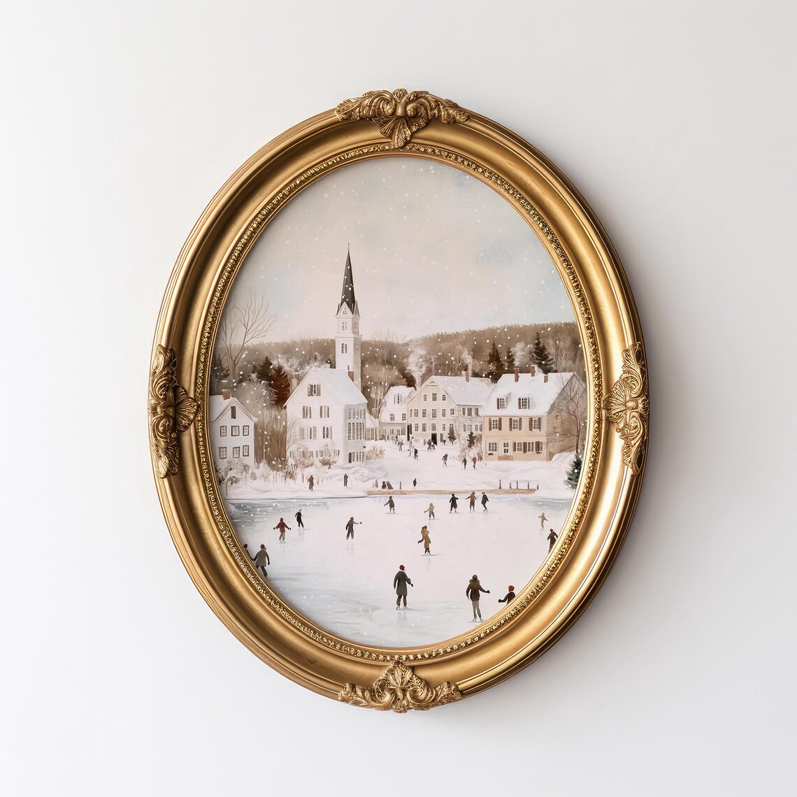 Vintage Snowy Village Scene with Ice Skaters on Frozen Pond Poster - Image 3