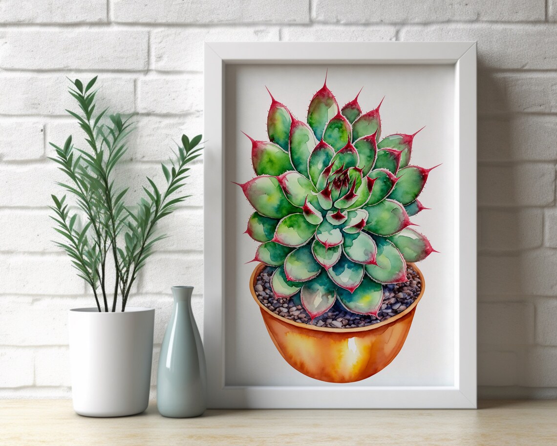 Red Tipped Succulent Copper Pot Watercolor Botanical Plant Poster - Image 3