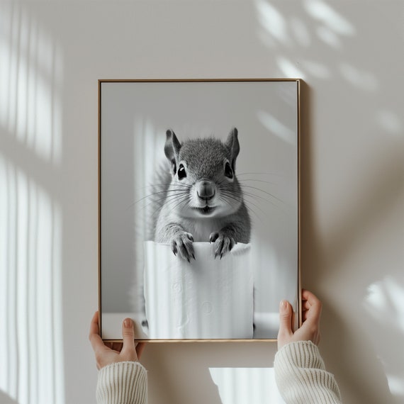 Squirrel Decor Animal Bathroom Decor Squirrel Wall Art Children Bath Gift Bathroom Art Black And White Bathroom Print