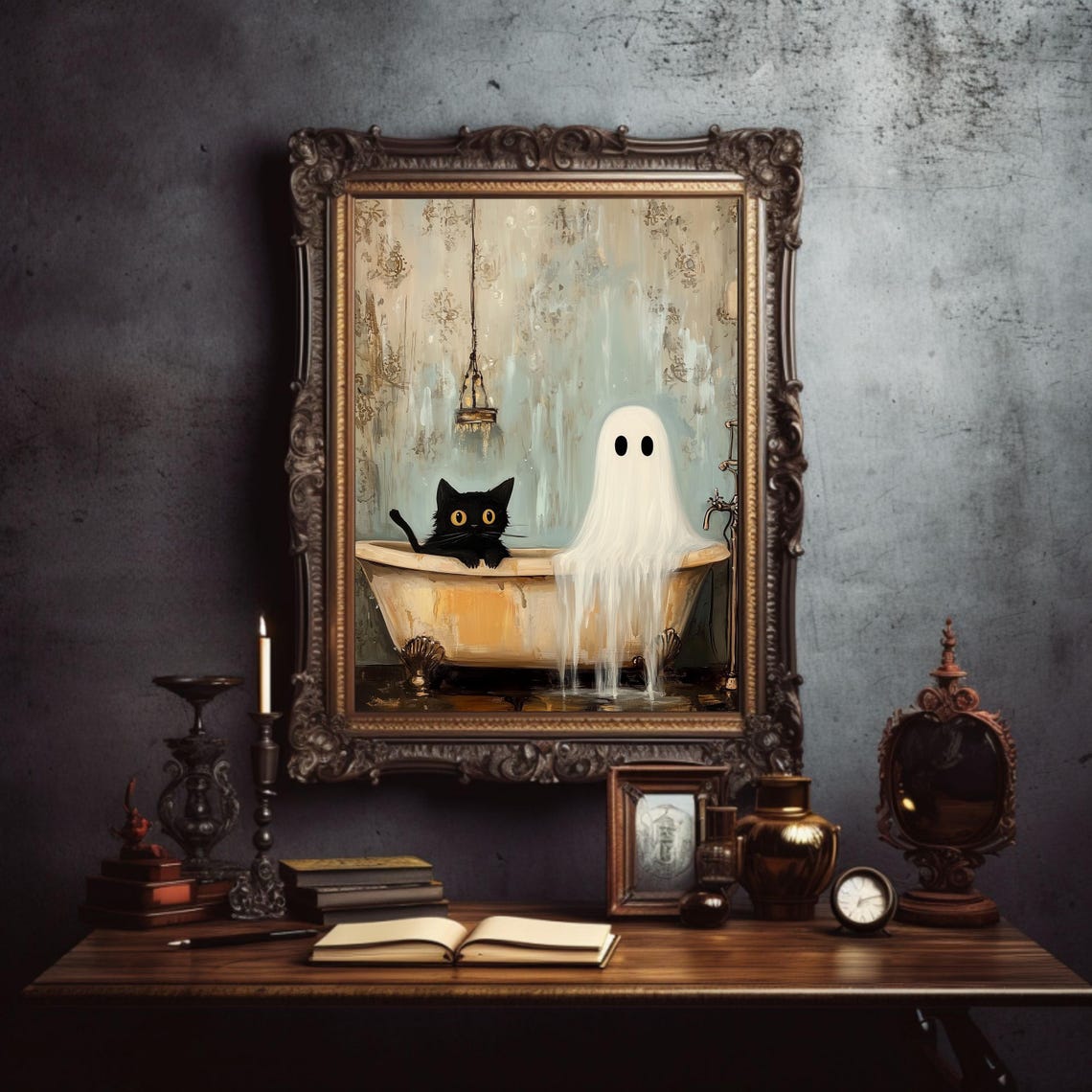 Black Cat and Ghost in Bathtub Cute Spooky Halloween Art Poster
