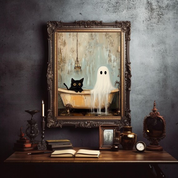 Black Cat and Ghost in Bathtub Cute Spooky Halloween Art Poster