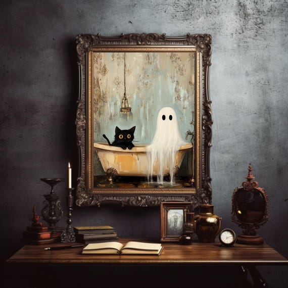 Ghost And Cat In The Bathtub Poster Top Sellers Halloween Wall Art Cute Halloween Indoor Decoration Ghost Painting