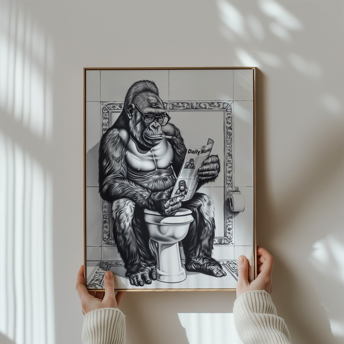 Gorilla With Glasses Reading Newspaper Toilet Funny Bathroom Poster - Image 3