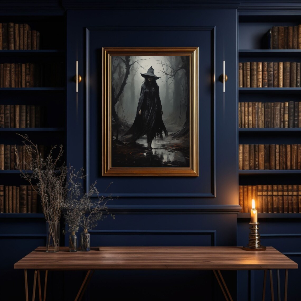 Dark Witch in Black Cloak Foggy Forest Gothic Halloween Oil Poster - Image 3