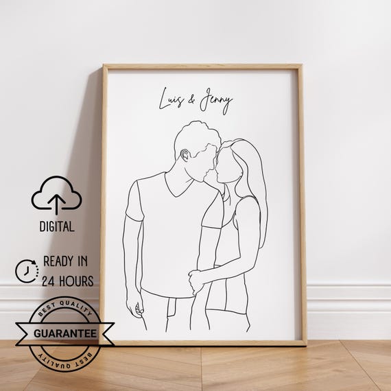 Couples Portrait Custom Line Drawing, Minimalist Art Print
