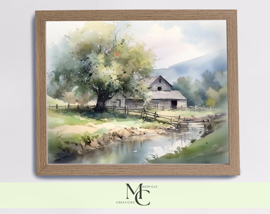 Weathered Barn by a Creek With a Split Rail Fence Watercolor Poster - Image 3
