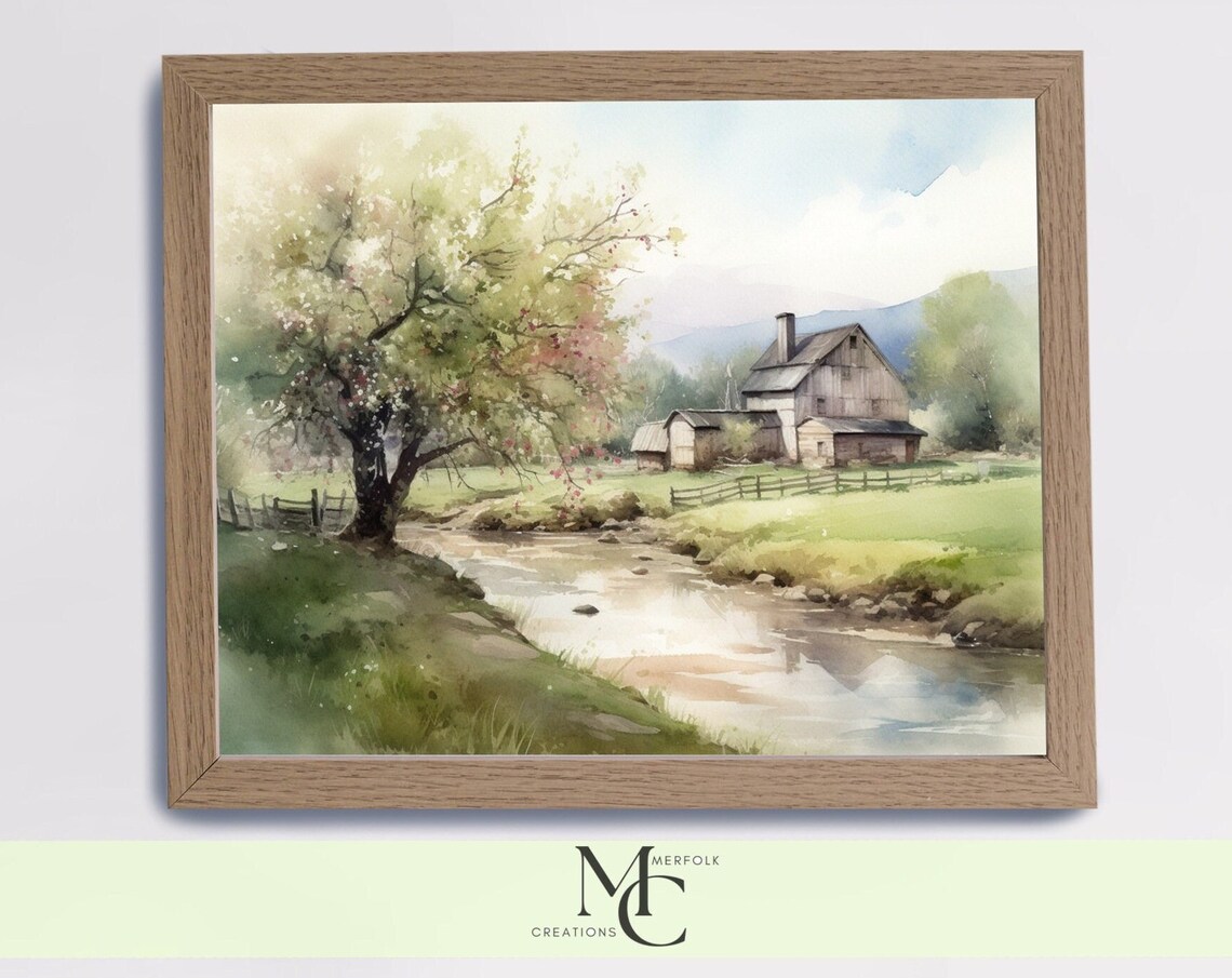 Old Barn by a Winding Stream Under a Blossoming Tree Watercolor Poster