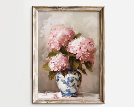 Pink Hydrangeas in Blue and White Vase Vintage Floral Wall Art