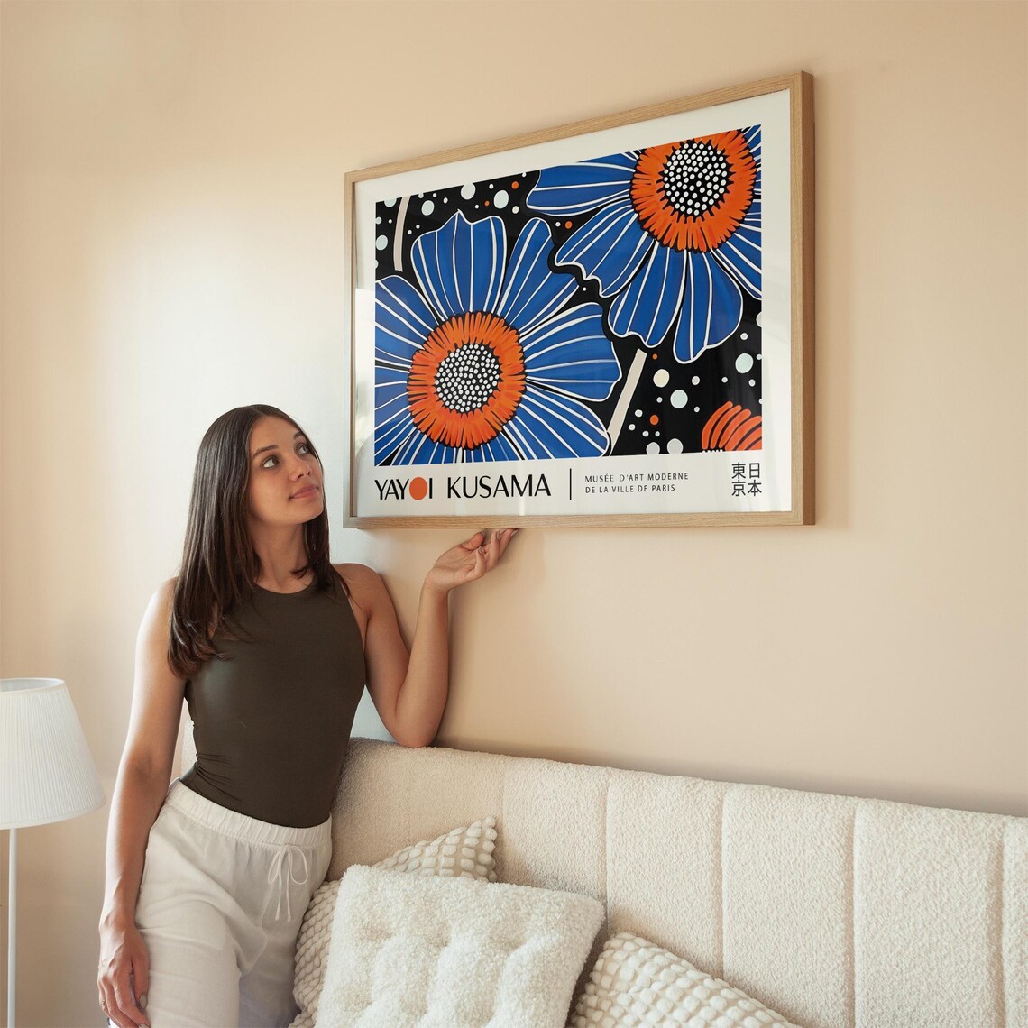 Yayoi Kusama Blue Daisy Flowers Orange Centers Dot Art Floral Poster - Image 2