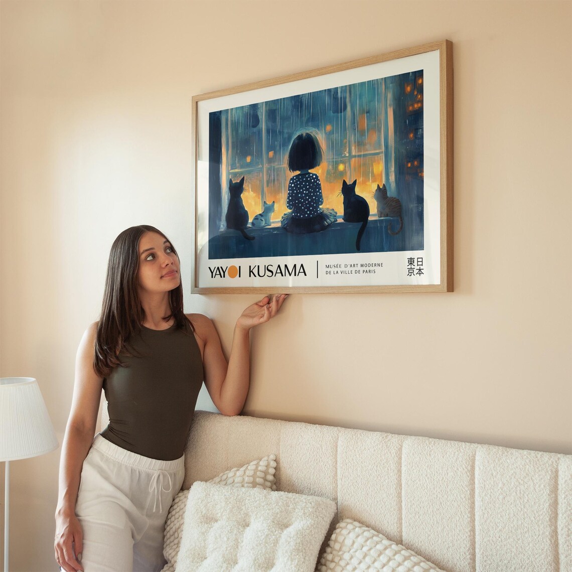 Yayoi Kusama Rainy Night Window Girl And Cats Cozy Scene Style Poster - Image 3