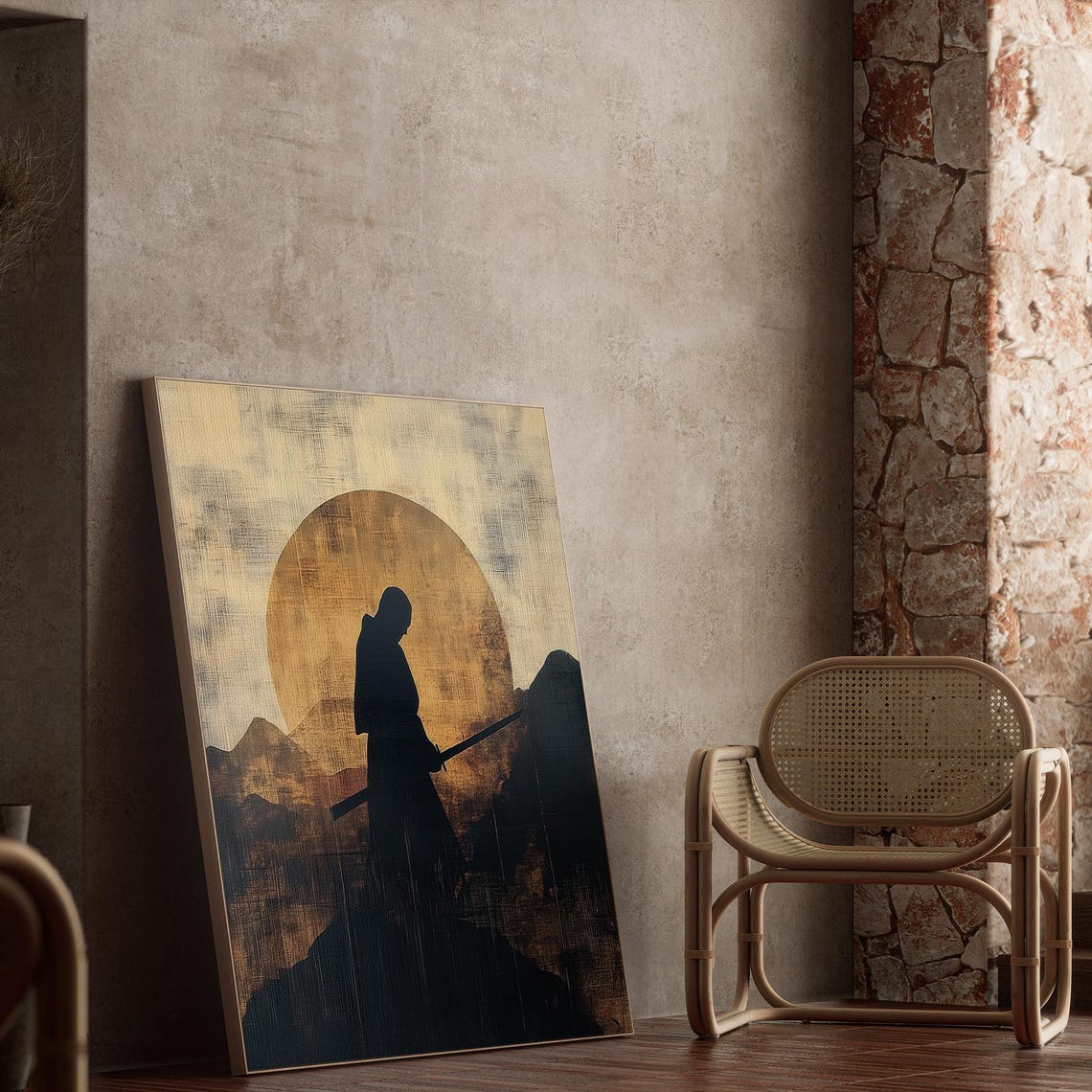 Samurai Silhouette Golden Sun Mountains Japanese Art Style Poster - Image 4