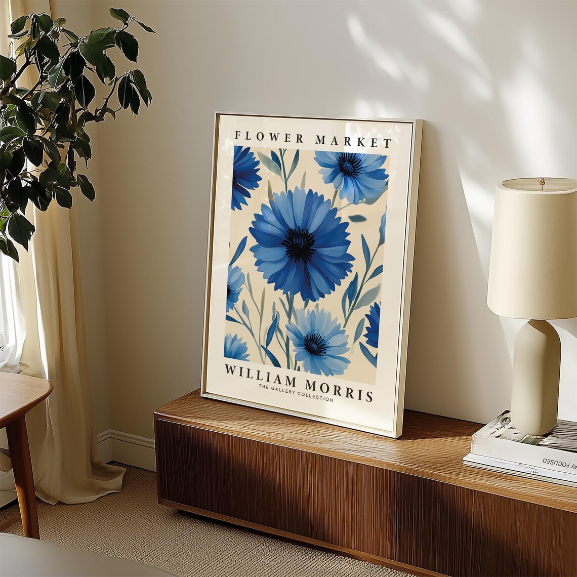 William Morris Flower Market Blue Cornflower Daisy Botanical Poster - Image 2
