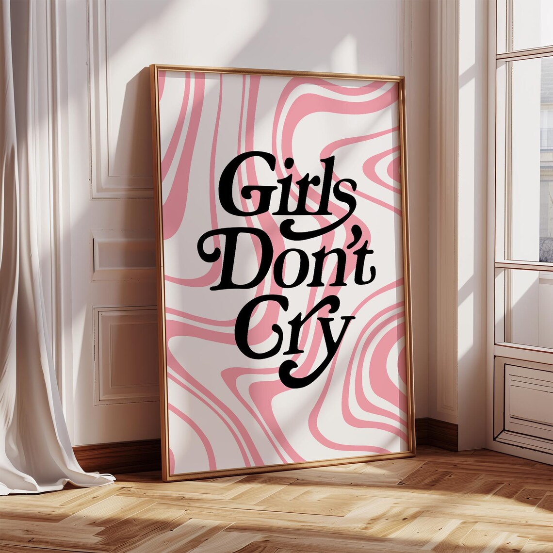 Girls Don't Cry Bold Black Retro Lettering Pink Wavy Art Poster