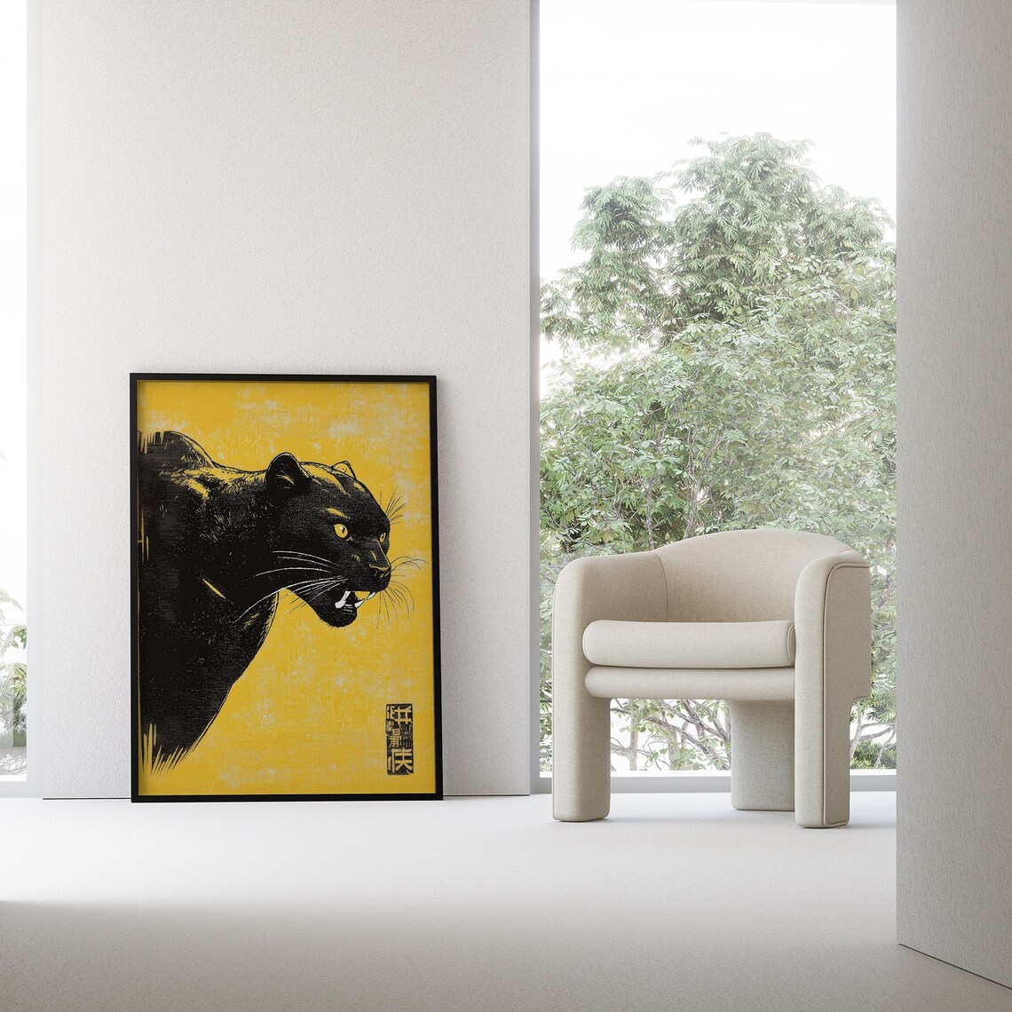Black Panther Bold Yellow Japanese Woodblock Style Art Poster - Image 2