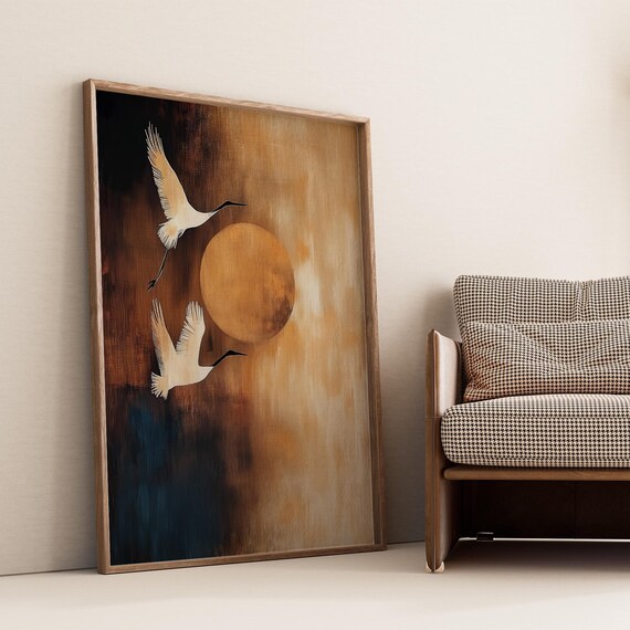 Japanese Moon Wabi Sabi Wall Art Serene Crane Birds Moon Poster Minimalist Luxury Wall Art For Living Room Statement Wall Decor Home