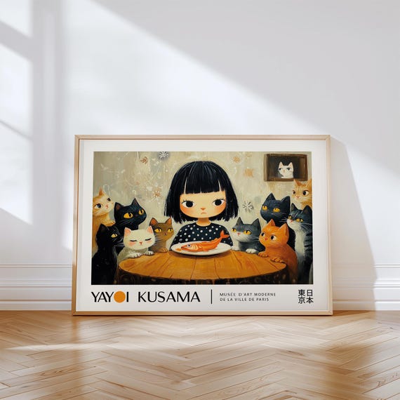 Kusama Girl And Cats Dining Poster Horizontal Wall Art For Girls Room Cute Nursery Decor With 10 Cats 1 Fish Print Kitchen Wall Art