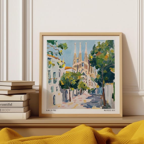 Travel Wall Art Painterly Barcelona Street Scene With Sagrada Famlia Matisse Inspired European City Print