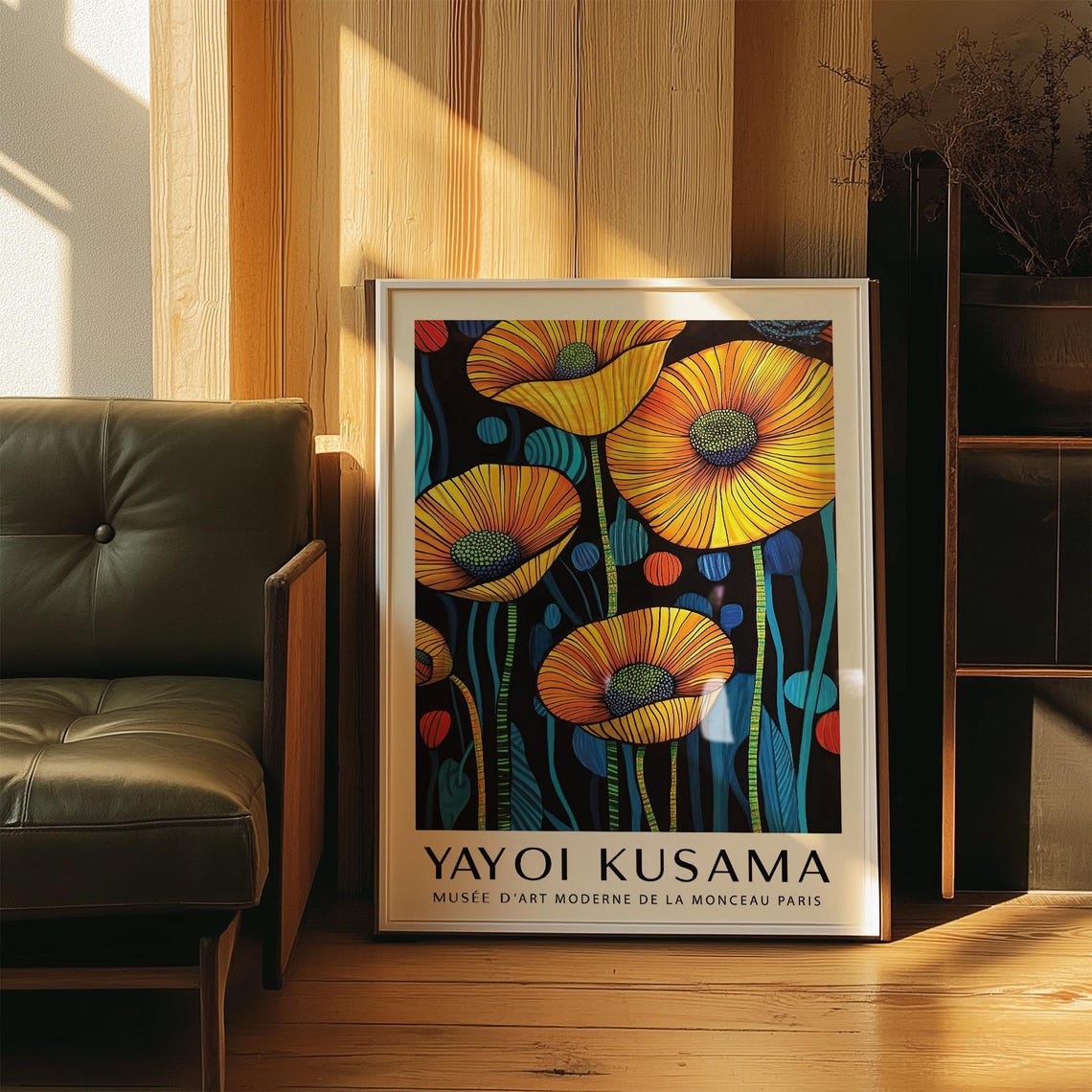 Art Of Poppies Bold Yellow And Orange Flower Print With Blue Accents Modern Floral Wall Art Inspired By Yayoi Kusama Print Japandi Decor - Image 3