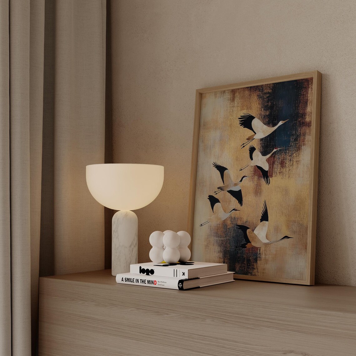Japanese Cranes in Flight Warm Gold Abstract Birds Style Poster - Image 2