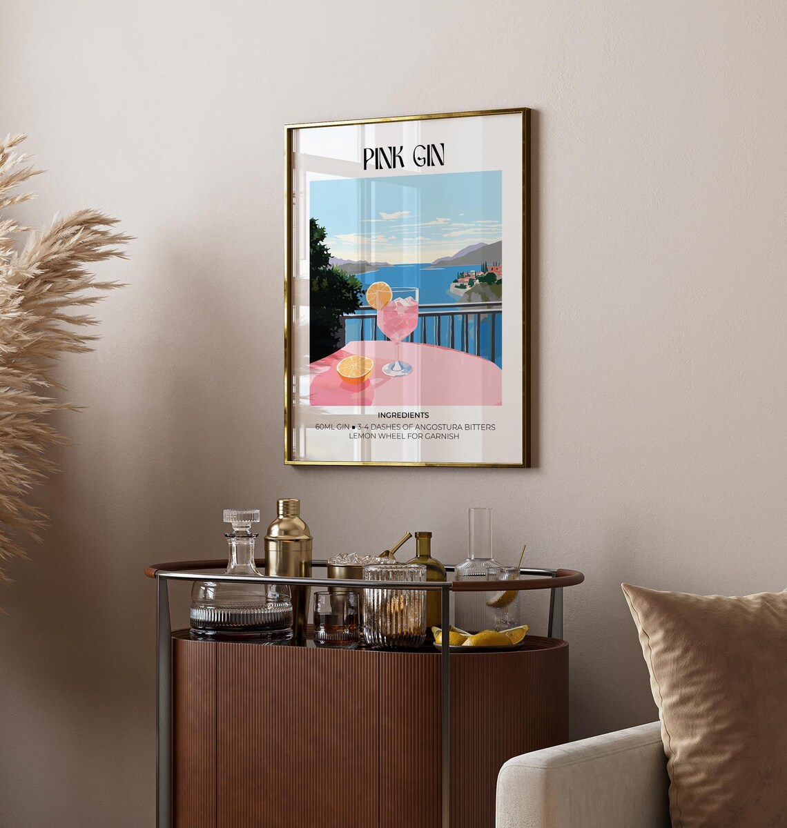 Pink Gin Cocktail Recipe Poster Seaside Terrace Vintage Bar Decor - Image 3