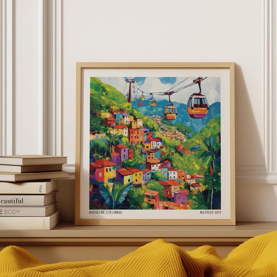 Colombia Wall Art Colorful Medelln Hillside With Cable Cars And Tropical Foliage Vibrant Painterly Travel Print