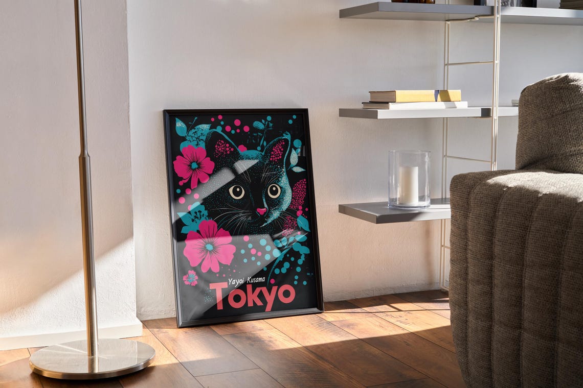 Japanese Yayoi Kusama Wall Art Cat Poster Black Cat Vibrant Japanese Wall Art For Teen Room Poster Quirky Wall Art Floral Print Of Black Cat - Image 3