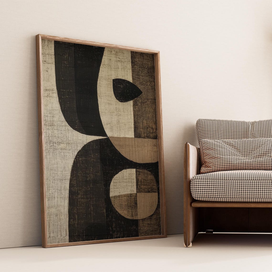 Curved Black Brown Geometric Shapes Beige Linen Modern Art Poster - Image 4
